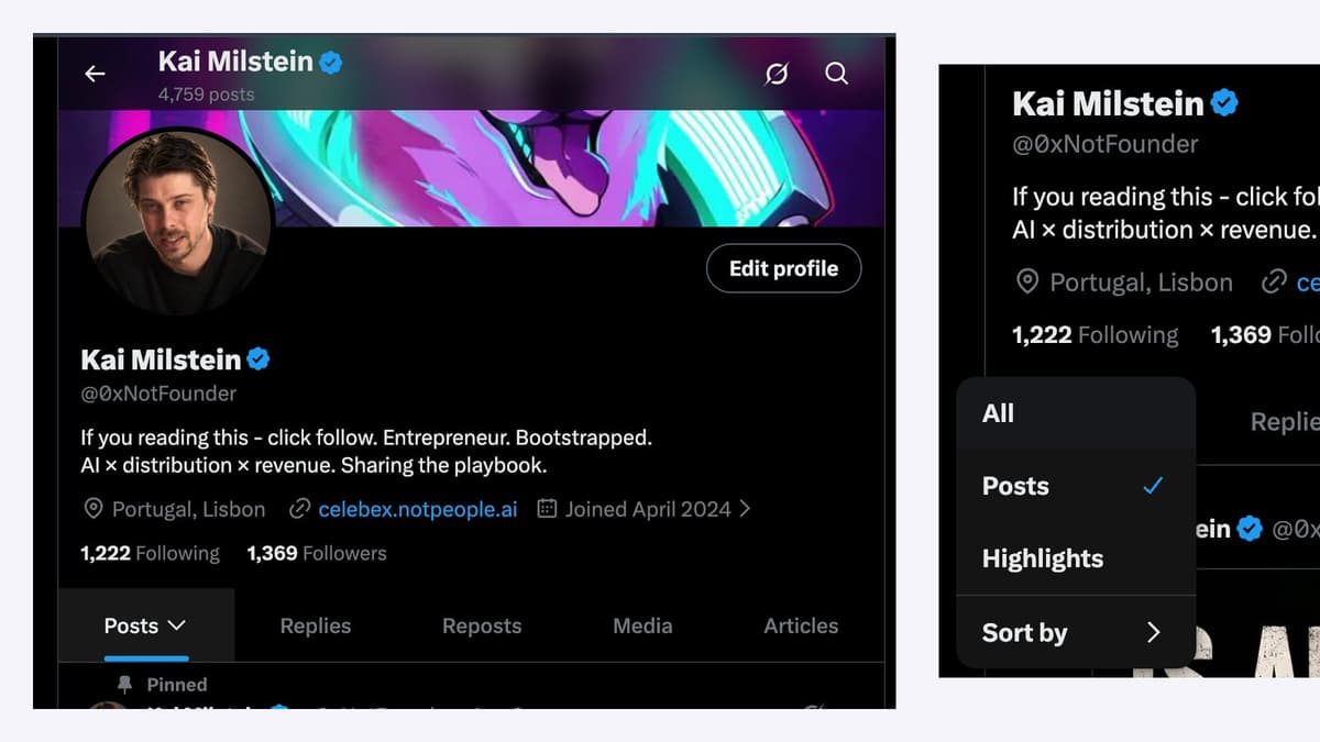 The X web profile after the July 2026 redesign: the tab row reads Posts with a dropdown arrow, Replies, Reposts, Media, Articles; the open dropdown lists All, Posts (checked), Highlights and Sort by