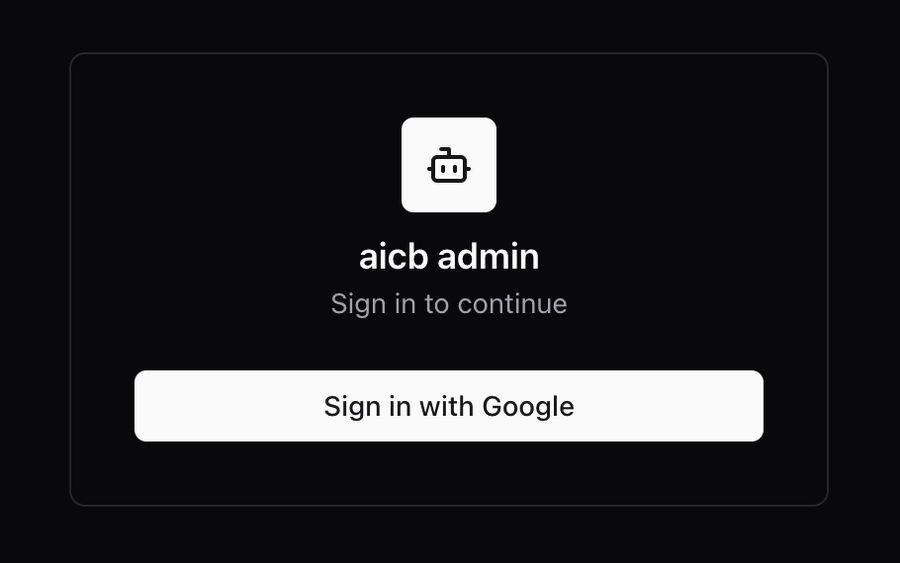 The sign-in card: aicb admin, one Sign in with Google button