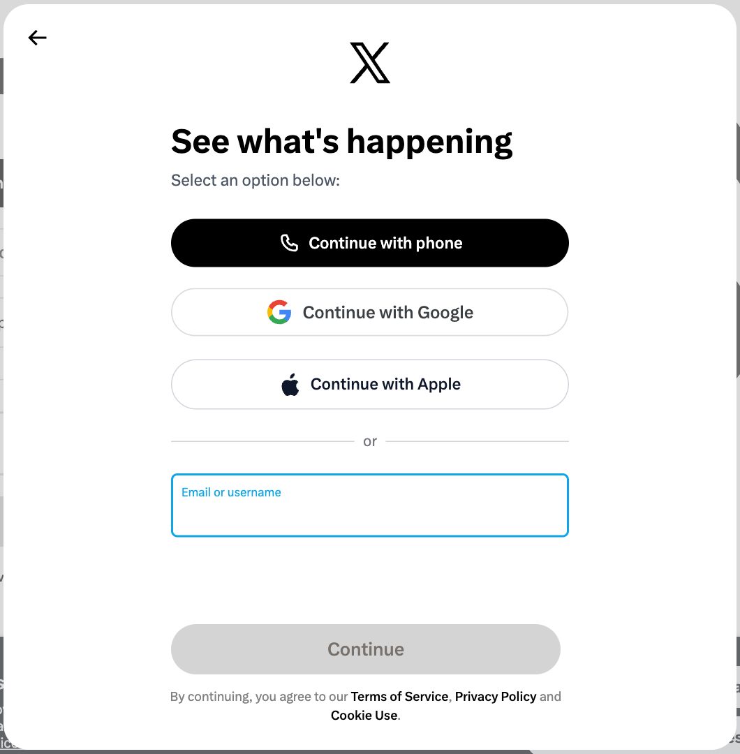 The X sign-in dialog inside the stealth browser window